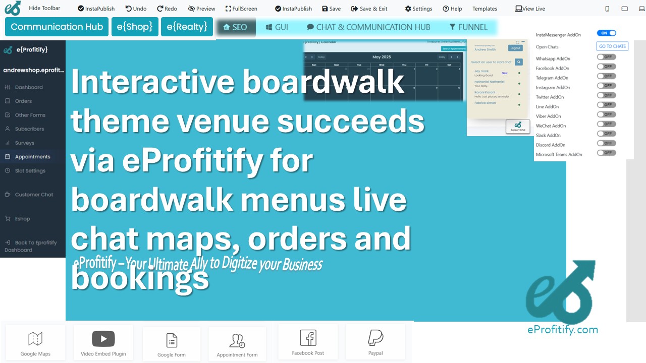Interactive boardwalk theme venue succeeds via eProfitify for boardwalk menus live chat maps, orders and bookings